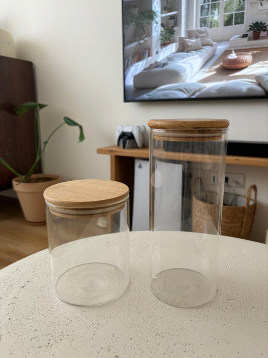 Sealed glass storage jar with wooden lid